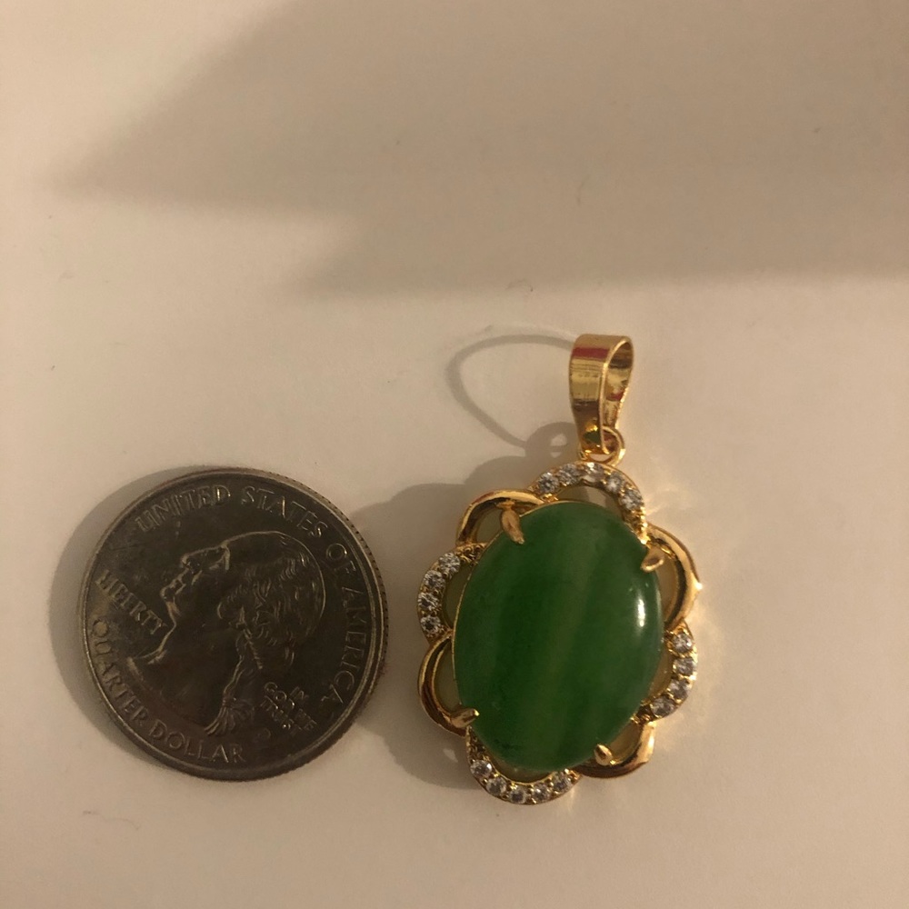 Yellow Gold Plate Green Jade Pendant - Picture 2 of 4